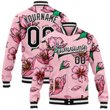 Custom Pink Black-White Hawaiian Floral Bomber Full-Snap Varsity Letterman Jacket