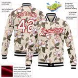 Custom Cream White-Red Louisiana State Flower Magnolia Bomber Full-Snap Varsity Letterman Jacket