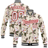 Custom Cream White-Red Louisiana State Flower Magnolia Bomber Full-Snap Varsity Letterman Jacket