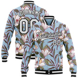 Custom Blue White-Black Louisiana State Flower Magnolia Bomber Full-Snap Varsity Letterman Jacket