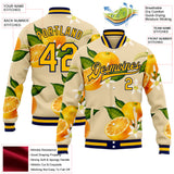 Custom Cream Gold Navy-White Florida State Flower Orange Blossom Bomber Full-Snap Varsity Letterman Jacket
