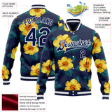 Custom Navy-White Hawaii State Flower Yellow Hibiscus Bomber Full-Snap Varsity Letterman Jacket