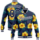 Custom Navy-White Hawaii State Flower Yellow Hibiscus Bomber Full-Snap Varsity Letterman Jacket