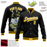Custom Black Gold-White Colorado State Flower Rocky Mountain Columbine Bomber Full-Snap Varsity Letterman Jacket
