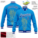 Custom Powder Blue Royal-White Nevada State Flower Sagebrush Bomber Full-Snap Varsity Letterman Jacket