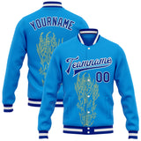 Custom Powder Blue Royal-White Nevada State Flower Sagebrush Bomber Full-Snap Varsity Letterman Jacket