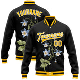 Custom Black Gold-White Colorado State Flower Rocky Mountain Columbine Bomber Full-Snap Varsity Letterman Jacket