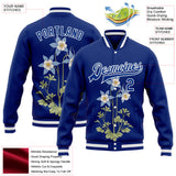 Custom Royal-White Colorado State Flower Rocky Mountain Columbine Bomber Full-Snap Varsity Letterman Jacket