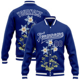 Custom Royal-White Colorado State Flower Rocky Mountain Columbine Bomber Full-Snap Varsity Letterman Jacket