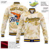 Custom Cream Gold Navy-White Florida State Flower Orange Blossom Bomber Full-Snap Varsity Letterman Jacket