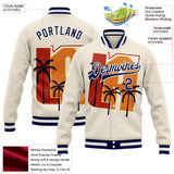 Custom Cream Navy-White Los Angeles Tropical Palm Trees Bomber Full-Snap Varsity Letterman Jacket