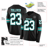 Custom Black White-Aqua Long Sleeve Authentic Football Jersey