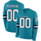Custom Teal White-Navy Long Sleeve Authentic Football Jersey