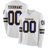 Custom White Navy-Old Gold Long Sleeve Authentic Football Jersey