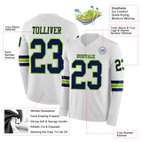 Custom White Navy-Neon Green Long Sleeve Authentic Football Jersey