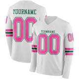Custom White Pink-Kelly Green Long Sleeve Authentic Football Jersey