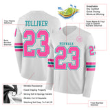 Custom White Pink-Teal Long Sleeve Authentic Football Jersey