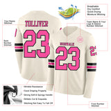 Custom Cream Pink-Black Long Sleeve Authentic Football Jersey
