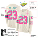 Custom Cream Pink-Teal Long Sleeve Authentic Football Jersey