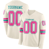 Custom Cream Pink-Teal Long Sleeve Authentic Football Jersey