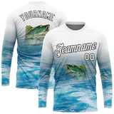 Custom White Blue-Black Fishing Bass Fish Long Sleeve Performance T-Shirt