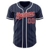 Custom Navy White Pinstripe Red-White Authentic Baseball Jersey