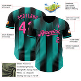 Custom Black Pink-Aqua Gradient Classic Vertical Stripe Authentic Baseball Jersey