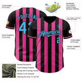 Custom Black Sky Blue-Pink Classic Vertical Stripe Fluid Liquid Texture Authentic Baseball Jersey