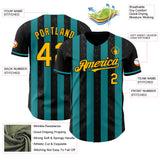 Custom Black Gold-Teal Classic Vertical Stripe Fluid Liquid Texture Authentic Baseball Jersey