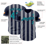 Custom Navy Teal-Gray Classic Vertical Stripe Fluid Liquid Texture Authentic Baseball Jersey