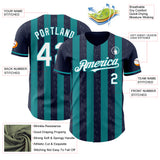 Custom Navy White-Teal Classic Vertical Stripe Fluid Liquid Texture Authentic Baseball Jersey