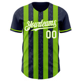 Custom Navy White-Neon Green Classic Vertical Stripe Fluid Liquid Texture Authentic Baseball Jersey