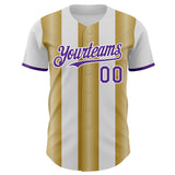 Custom White Purple-Old Gold Gradient Vertical Stripe Argentina Style Authentic Baseball Jersey
