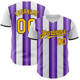 Custom White Gold Purple-Black Gradient Vertical Stripe Argentina Style Authentic Baseball Jersey