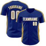 Custom Royal White-Old Gold Classic Color Block Side Panel Stripe Authentic Baseball Jersey