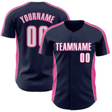 Custom Navy White-Pink Classic Color Block Side Panel Stripe Authentic Baseball Jersey
