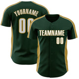 Custom Green White-Old Gold Classic Color Block Side Panel Stripe Authentic Baseball Jersey
