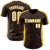 Custom Brown White-Gold Classic Color Block Side Panel Stripe Authentic Baseball Jersey