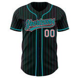 Custom Black Teal Pinstripe-Medium Pink Authentic Baseball Jersey