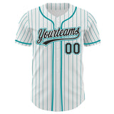 Custom White Teal Pinstripe-Black Authentic Baseball Jersey