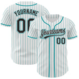 Custom White Teal Pinstripe-Black Authentic Baseball Jersey