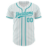 Custom White Teal Pinstripe Authentic Baseball Jersey