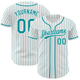 Custom White Teal Pinstripe Authentic Baseball Jersey