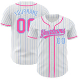 Custom White Light Blue Pinstripe-Pink Authentic Baseball Jersey