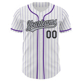 Custom White Purple Pinstripe Black-Gray Authentic Baseball Jersey