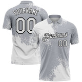 Custom White Gray-Black 3D Pattern Design Abstract Brush Stroke Performance Polo Shirt
