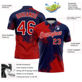 Custom Red Navy-White 3D Pattern Design Abstract Brush Stroke Performance Polo Shirt