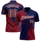 Custom Crimson Navy-White 3D Pattern Design Abstract Brush Stroke Performance Polo Shirt