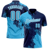 Custom Sky Blue Navy-White 3D Pattern Design Abstract Brush Stroke Performance Polo Shirt