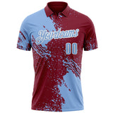 Custom Light Blue Crimson-White 3D Pattern Design Abstract Brush Stroke Performance Polo Shirt